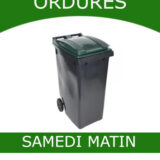 Collecte ordures à Tresserre le samedi matin. Un image d'un conteneur vert et les logos de Tresserre et la Communauté de Communes des Aspres