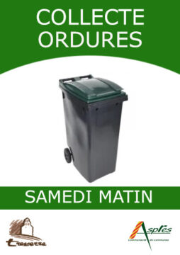 Collecte ordures à Tresserre le samedi matin. Un image d'un conteneur vert et les logos de Tresserre et la Communauté de Communes des Aspres