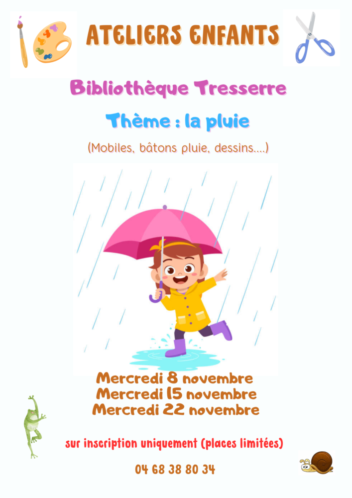 Affiche bibliothèque de Tresserre annonçant les ateliers pour enfants autour du thème 'La pluie'