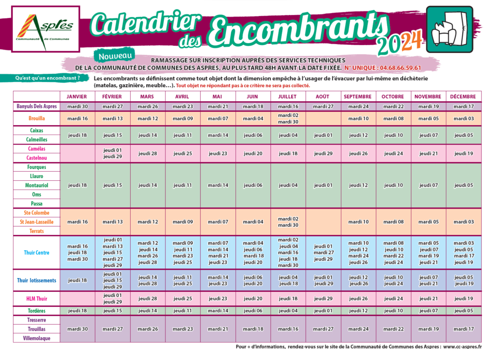 Calendrier du ramassage des encombrants 2024 à Tresserre et dans les 18 autres communes de la Communauté de Communes des Aspres.