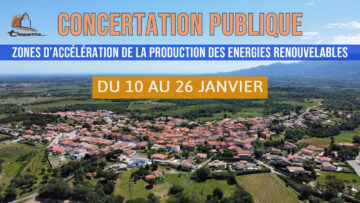 Photo aérienne de Tresserre avec le texte "Concertation public ZAER à Tresserre du 10 au 26 janvier 2026"