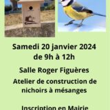 Samedi 20 janvier de 9h à 12h, Salle Roger Figuères à Tresserre, Atelier de construction de nichoirs. Inscription en mairie.