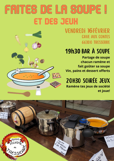 Fêtes de la Soupe ! Le vendredi 16 février à Tresserre. Affiche montrant des casseroles avec de la soupe
