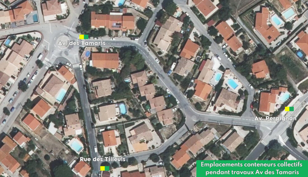 Carte de Tresserre indiquant l'emplacement des conteneurs collectifs autour de l'avenue des Tamaris (RD 40) pendant les travaux de voirie.