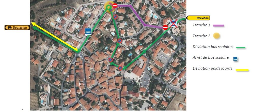 Une photo satellite de Tresserre détaillant l'emprise des travaux sur l'Avenue des Tamaris à Tresserre, ainsi que les déviations mises en place.