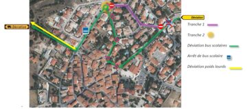 Une photo satellite de Tresserre détaillant l'emprise des travaux sur l'Avenue des Tamaris à Tresserre, ainsi que les déviations mises en place.