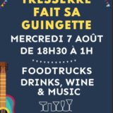Affiche annonçant la guinguette de Tresserre mercredi 7 août 2024 de 18h30 à 1h du matin à l'Espace des Oliviers.