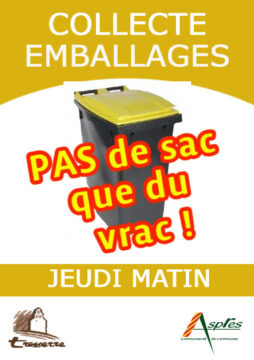 Un conteneur jaune pour le tri des emballages avec la légende "PAS de sac que du vrac !"