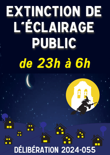 Affiche contenant le texte "Extinction de l'éclairage public de 23h à 6h" sur fond d'un dessin du village de Tresserre avec une sorcière sur son balao qui passe devant l'église Saint Saturnin de nuit.