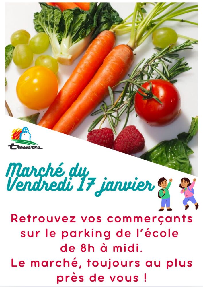 affiche "Marché de Tresserre" délocalisé à l'école le 17 janvier 2025