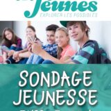 Une photo d'ados heureux assis. Le texte Sondage Jeunesse. Exprime-toi ! Le logo "Info-Jeunes Thuir - Aspres"