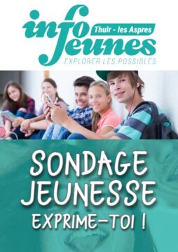 Une photo d'ados heureux assis. Le texte Sondage Jeunesse. Exprime-toi ! Le logo "Info-Jeunes Thuir - Aspres"
