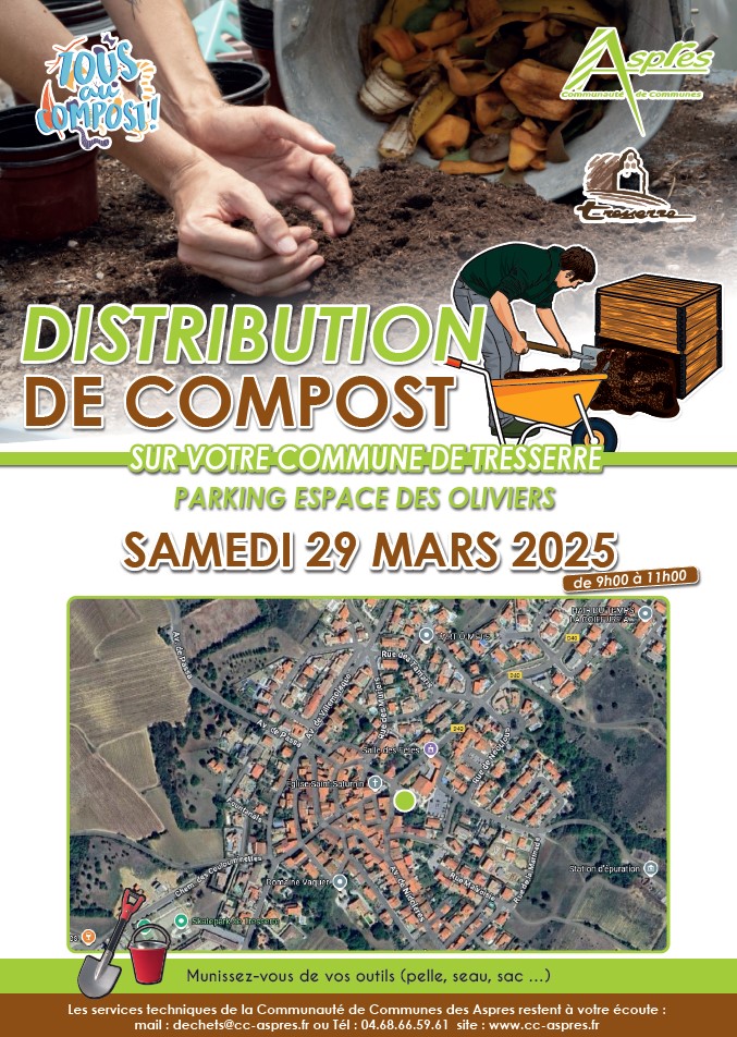 Affiche montrant le village de Tresserre et une personne qui récupère du compost.