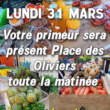 Affiche montrant des fruits et légumes, ainsis que des produits vendus per Yann, le primeur au marché de Tresserre