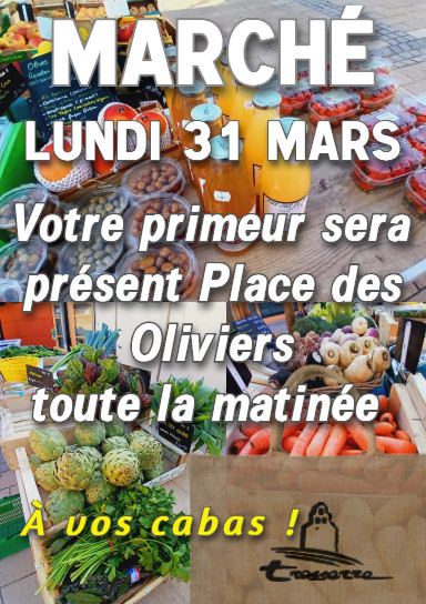 Affiche montrant des fruits et légumes, ainsis que des produits vendus per Yann, le primeur au marché de Tresserre