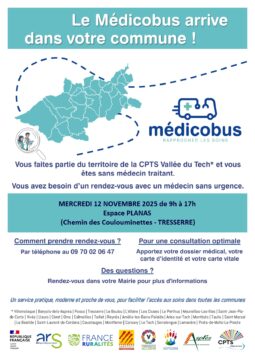 Affiche du médicobus, présent sur Tresserre le 12 novembre 2025 de 9h à 17h