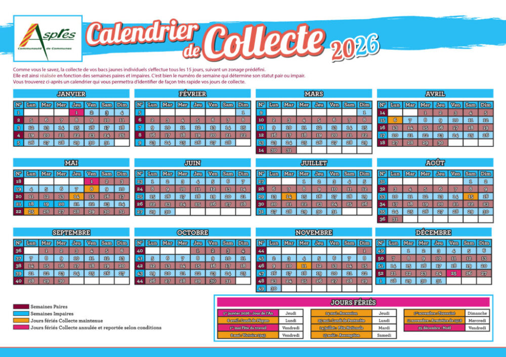 Calendrier de collecte des déchets (Aspres, Tresserre...) 2026