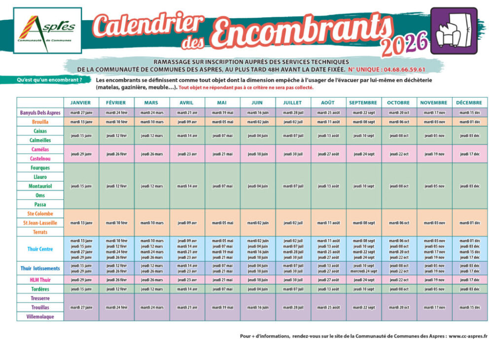 Calendrier de ramassage des encombrants (Aspres, Tresserre...) 2026