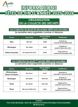 Tableau des collectes de déchets pendant les fêtes dans les Aspres.