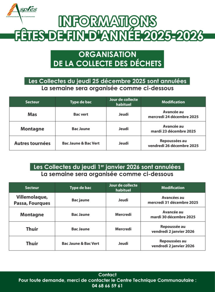Tableau des collectes de déchets pendant les fêtes dans les Aspres.